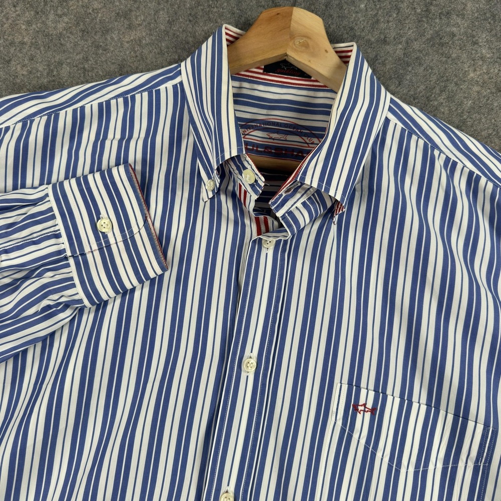 Paul & Shark Shirt Mens 45 2XL Blue White Stripe Long Sleeve Button‎ Old Money